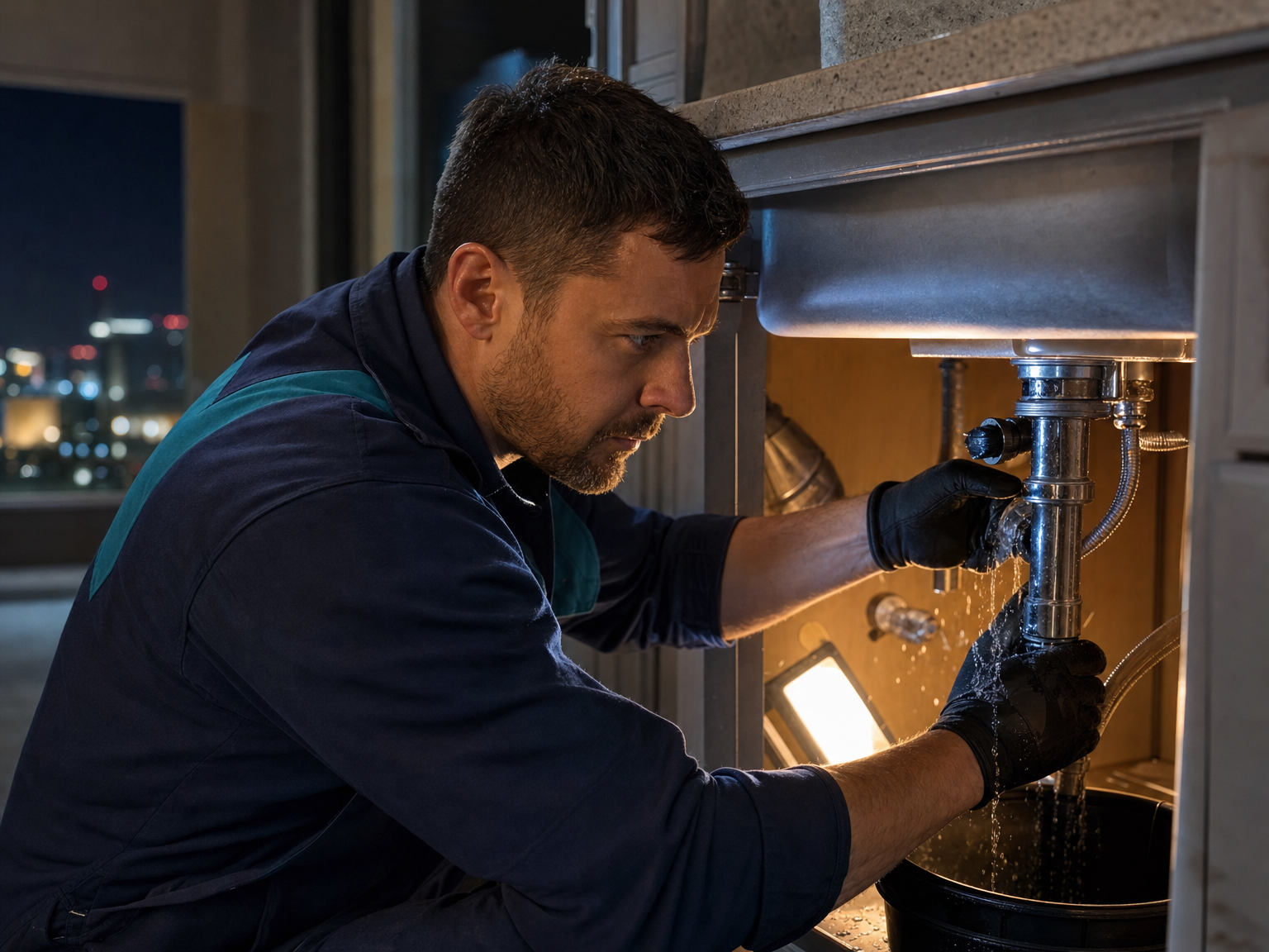 Plumber responding to a leaking supply line at night
