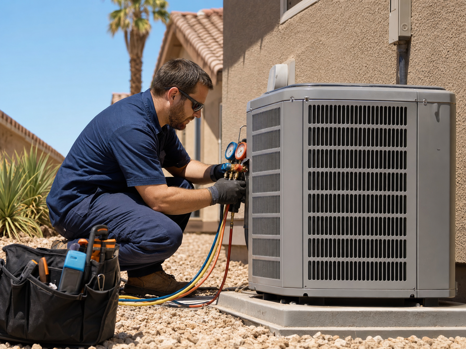 HVAC technician servicing an air-conditioning unit in Las Vegas