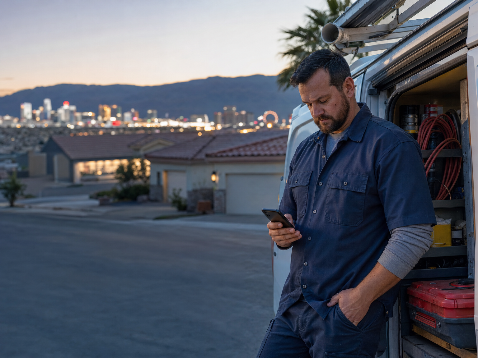 Home service contractor answering a call beside a service van in Las Vegas